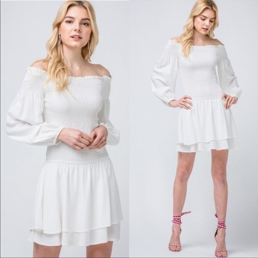 NWT Entro Dress Size Small Smocked White Long Sleeve Off Shoulder Tiered Skirt